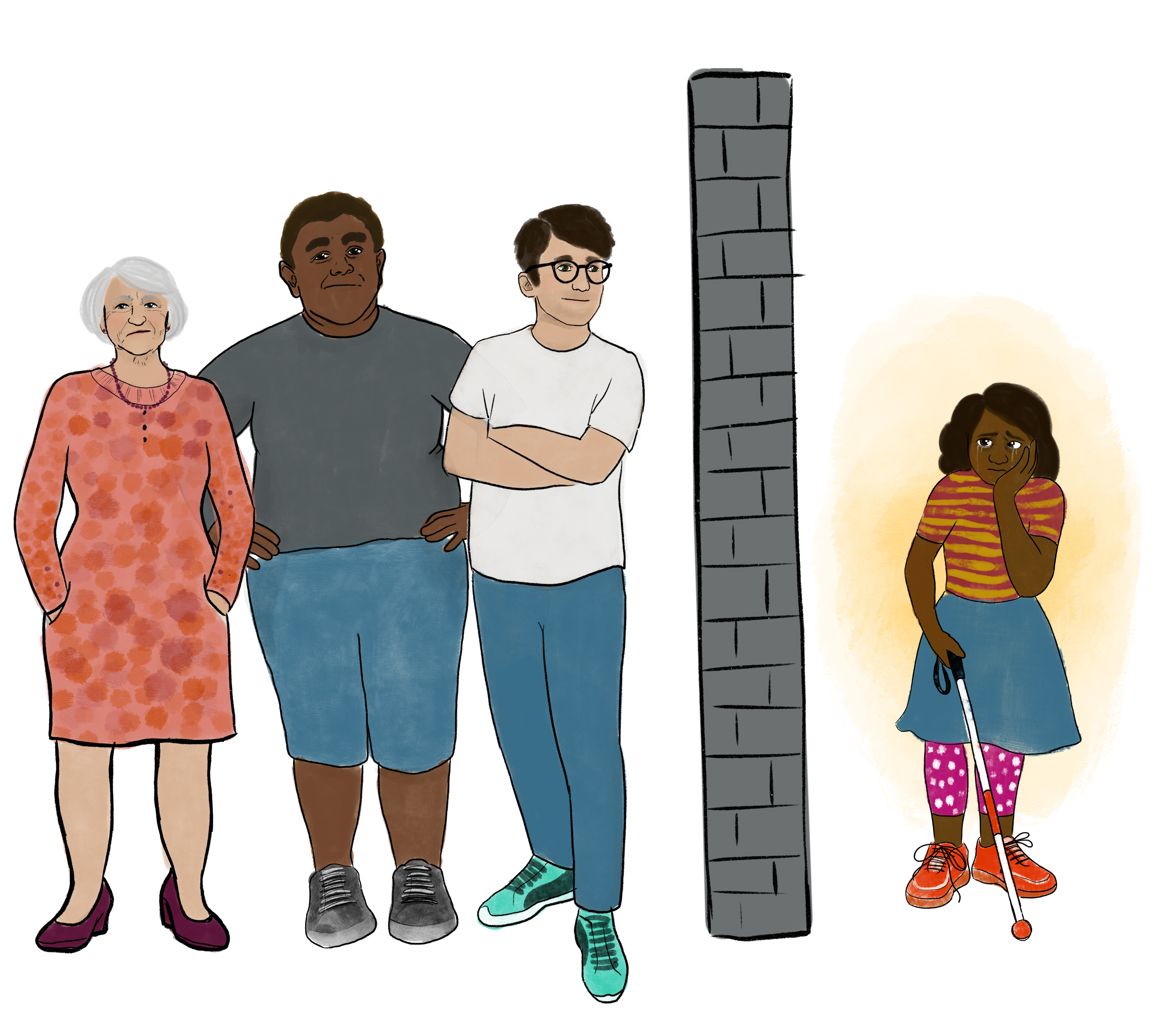 Vier Personen stehen nebeneinander, drei links von einer Mauer und eine rechts davon mit einem Blindenstock